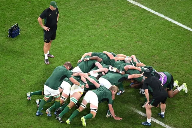 South Africa's players practice their scrummaging