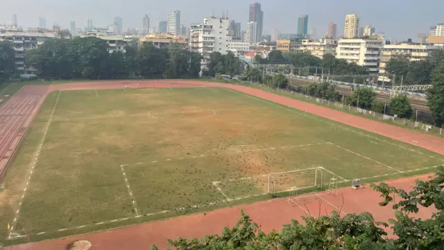 A football ground behind the media centre at the Wankhede Stadium