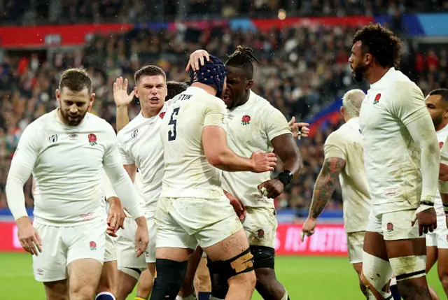 George Martin and Maro Itoje of England celebrate a turnover