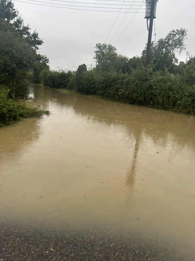 Flooded roads in Clopton, Suffolk