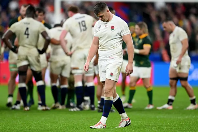 Owen Farrell of England looks dejected