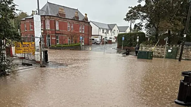 Flooded road in Mold, Flintshire