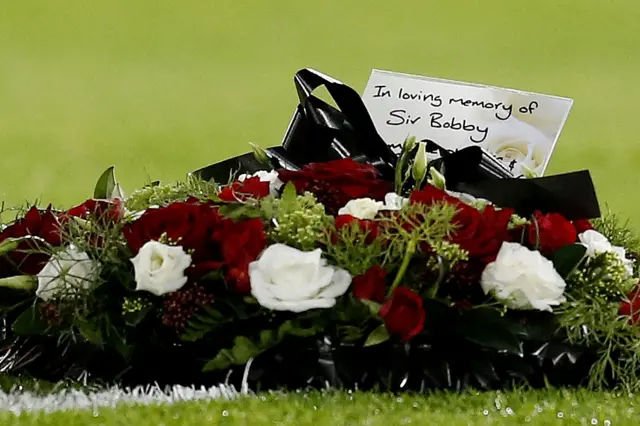 The wreath laid in memory of the late Sir Bobby Charlton.