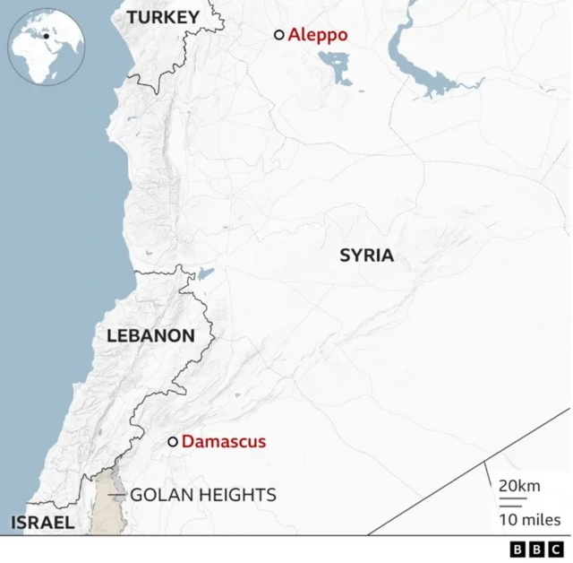 A map shows the location of Damascus and Aleppo in relation to Israel