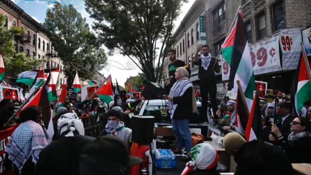 A group of people attend a pro-Palestinian protest