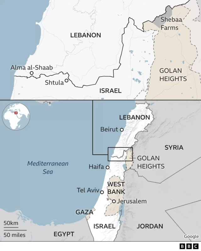 A map shows the border between Israel and Lebanon