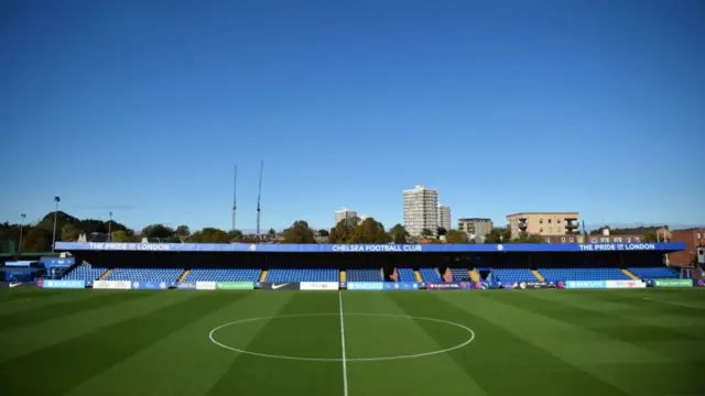 A picture of Kingsmeadow football ground before Chelsea play Brighton in the WSL