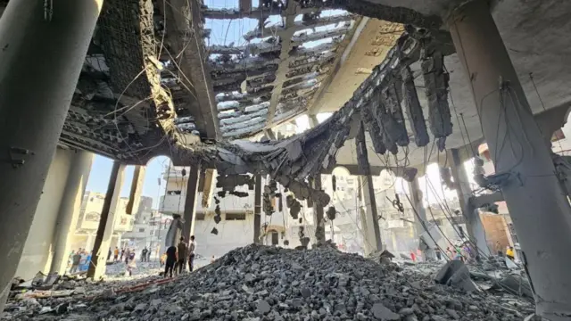 Rubble in a mosque following an Israeli strike in northern Gaza