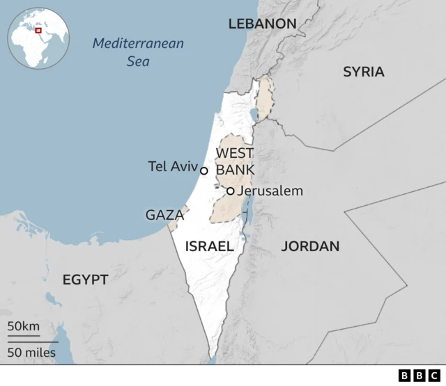 A map showing the West Bank in relation to Israel, and neighbouring Jordan, as well as Gaza