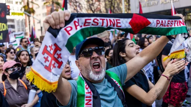 A man voices his support during a pro-Palestinian march in Los Angeles