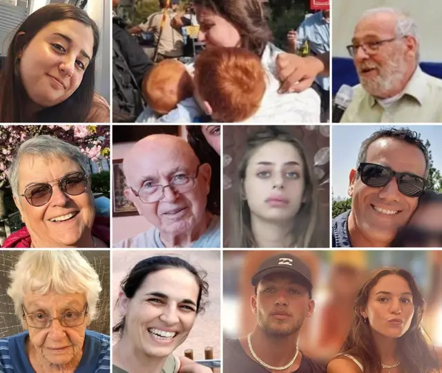 Composite image showing people abducted by Hamas, L-R from the top: Roni Eshel, Shiri Bibas with children Ariel and Kfir, Alex Danzig, Ada Sagi, Amiram Cooper, Mia Shem, Omri Miran, Ditza Heiman, Jordan Roman-Gat, Itay and Maya Regev