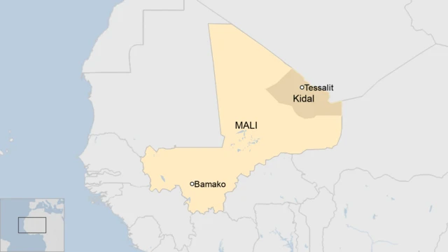 A map of Mali showing the region of Kidal and the town of Tessalit.