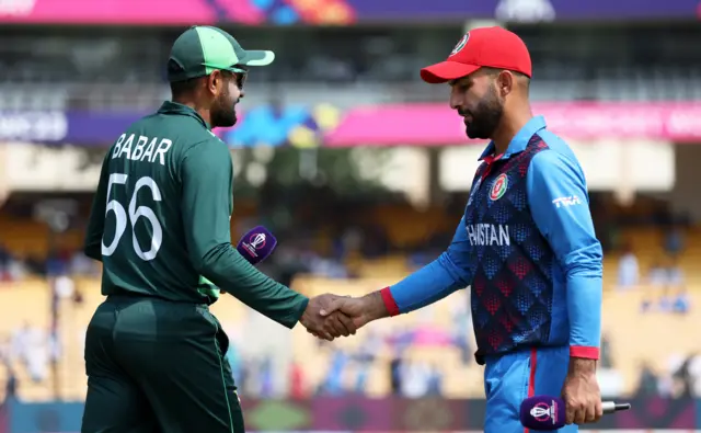 Pakistan captain Babar Azam and Afghanistan captain Hashmatullah Shahidi shake hands