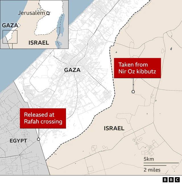 Map showing Rafah crossing and Nir Oz Kibbutz