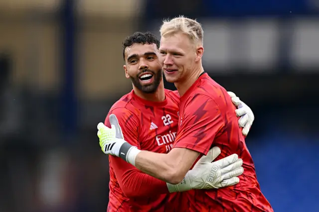 David Raya and Aaron Ramsdale of Arsenal interact