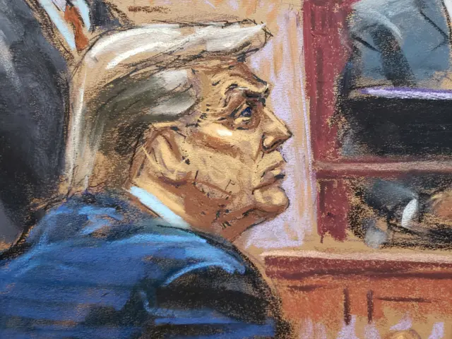 Trump watches on as proceedings continue. Side profile drawing