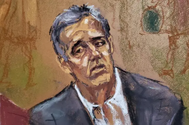 Michael Cohen looks towards former U.S. President Donald Trump as he is questioned by a lawyer for the attorney general's office, during the Trump Organization civil fraud trial in New York State Supreme Court in the Manhattan borough of New York City, U.S., October 24, 2023 in this courtroom sketch