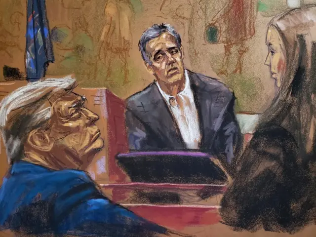 Michael Cohen looks towards former U.S. President Donald Trump as he is questioned by Colleen Faherty, a lawyer for the attorney general's office, during the Trump Organization civil fraud trial in New York State Supreme Court in the Manhattan borough of New York City, U.S., October 24, 2023 in this courtroom sketch.