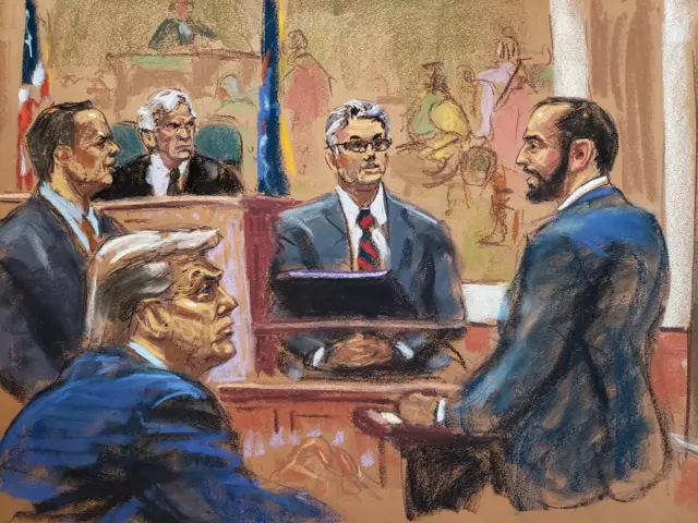 Former President Donald Trump watches as Assistant Attorney General Alex Finkelstein questions Bill Kelly while defence lawyer Christopher Kise objects