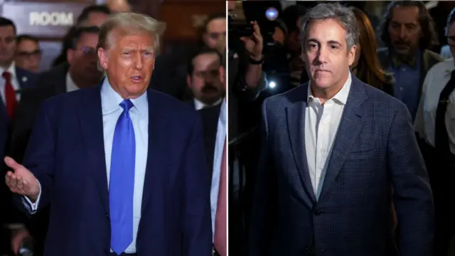 A split image of Donald Trump (left) and Michael Cohen (right). Both photographs were taken outside court in New York City