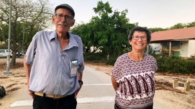 Yocheved Lifshitz, who was held as hostage by Palestinian Hamas militants, is seen with her husband Oded in this handout picture obtained by Reuters on October 23, 2023, as Hamas announced she was going to be released.