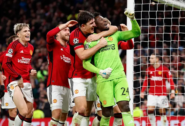 Harry Maguire and Christian Eriksen of Manchester United and Andre Onana celebrates