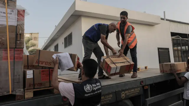 Medical aid is delivered on a truck to Nasser Hospital in Khan Yunis, Gaza Strip