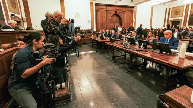 Former US President Donald J. Trump (R) with his attorneys in the courtroom as he attends his civil fraud trial in New York,