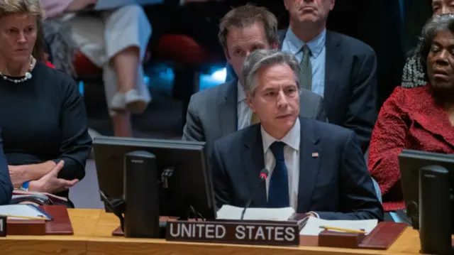 U.S. Secretary of State Antony Blinken speaks during a meeting of the United Nations Security Council at U.N. headquarters on October 24, 2023 in New York City