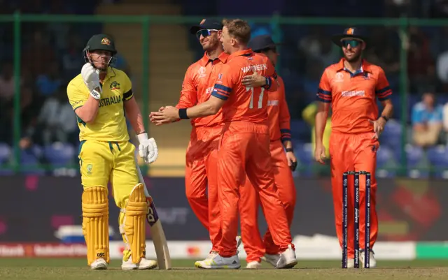 Logan van Beek celebrates the wicket of Mitchell Marsh