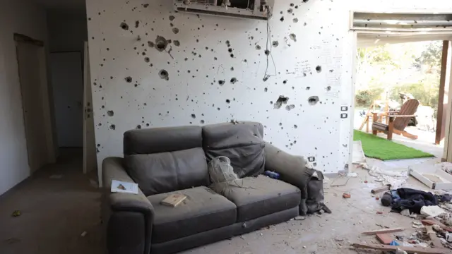 The living area inside a ruined house in Kibbutz Beeri, near the border with Gaza in southern Israel , 25 October 2023, where at least 130 Kibbutz members where killed by Hamas as militants launched an attack against Israel from the Gaza Strip on 07 October. More than 5,500 Palestinians and over 1,400 Israelis have been killed, according to the Israel Defense Forces (IDF) and the Palestinian health authority, since Hamas militants launched an attack against Israel from the Gaza Strip on 07 October, and the Israeli operations in Gaza and the West Bank which followed it. Israeli army patrol in Kibbutz Beeri, Israel