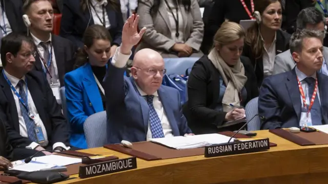 Russia's Ambassador to the U.N. Vassily Nebenzia votes against a draft resolution put forward by the United States related to the military conflict between Israel and Hamas in New York, New York, USA, 25 October 2023.