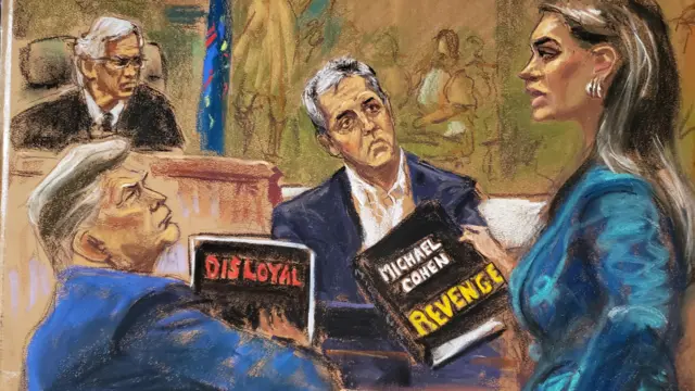 ormer U.S. President Donald Trump watches as his lawyer Alina Habba cross examines Michael Cohen before Judge Arthur F. Engoron during the Trump Organization civil fraud trial in New York State Supreme Court in the Manhattan borough of New York City, U.S., October 25, 2023 in this courtroom sketch. REUTERS/Jane Rosenberg