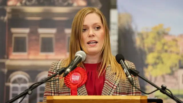 Sarah Edwards of Labour gives a victory speech after being declared the Member of Parliament for Tamworth following Thursday's by-election