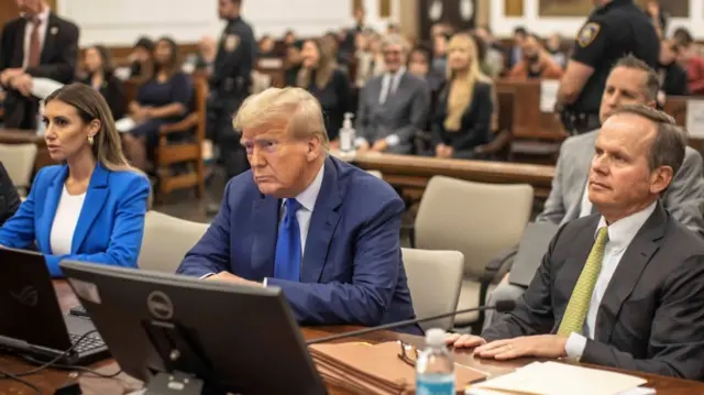 Donald Trump in court with his legal team