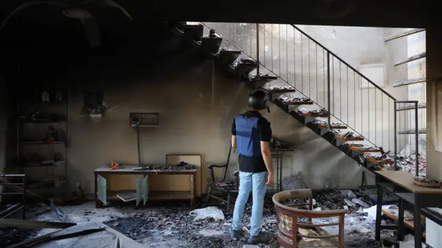 The interior of a ruined house in Kibbutz Beeri, near the border with Gaza in southern Israel , 25 October 2023, where at least 130 Kibbutz members where killed by Hamas as militants launched an attack against Israel from the Gaza Strip on 07 October. More than 5,500 Palestinians and over 1,400 Israelis have been killed,