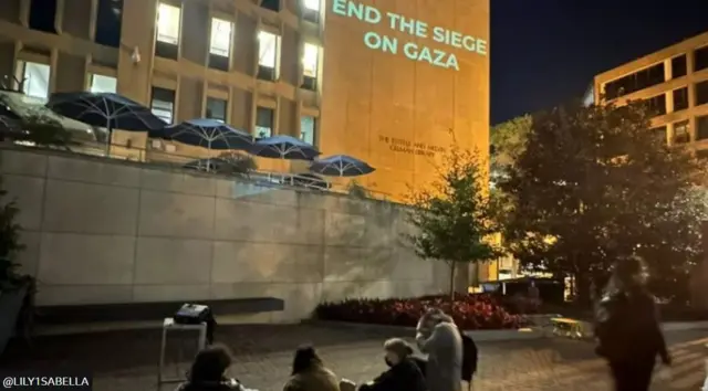 End the siege on Gaza says a sign on the university