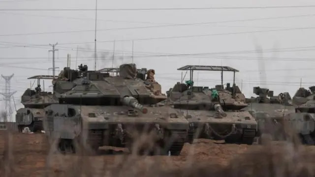 Israeli tanks positioned near Israel's border with the Gaza Strip