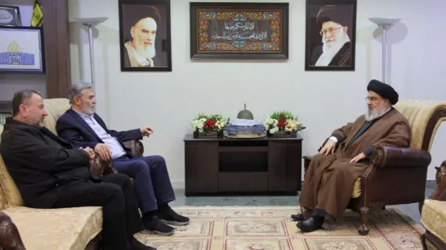 Lebanon's Hezbollah leader Sayyed Hassan Nasrallah meets Jihad Secretary General Ziyad al-Nakhalah and deputy leader of Hamas, Sheikh Saleh al-Arouri at an unidentified location