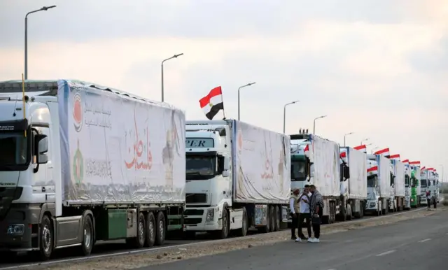 Aid lorries on the Egyptian side of the border, as seen on Tuesday