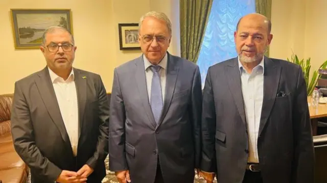 Bassem Naeem, Mikhail Bogdanov and Moussa Abu Marzouk in Moscow