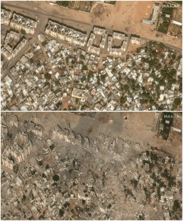 The top image shows a satellite photo of a neighbourhood in an arid climate. The bottom image shows the same area, but many buildings are destroyed and the land is covered in grey rubble