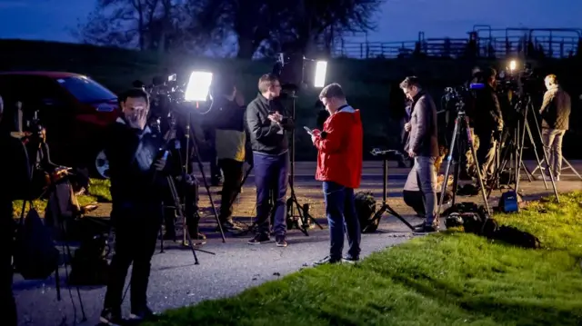 News media gathered in Bowdoin, Maine