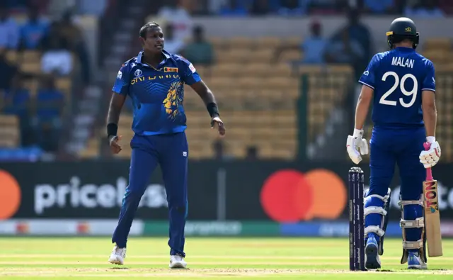 Angelo Mathews celebrates the wicket of Dawid Malan