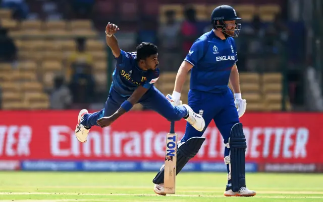 Dilshan Madushanka of Sri Lanka in bowling action during the ICC Men's Cricket World Cup India 2023 between England and Sri Lanka