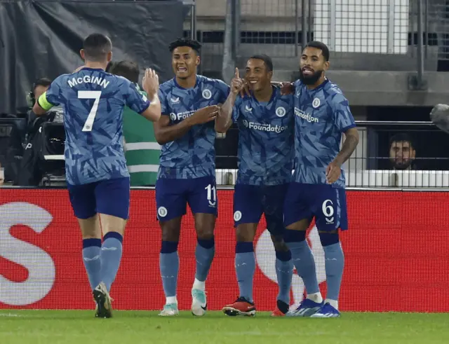 Youri Tielemans celebrates with his Aston Villa team-mates