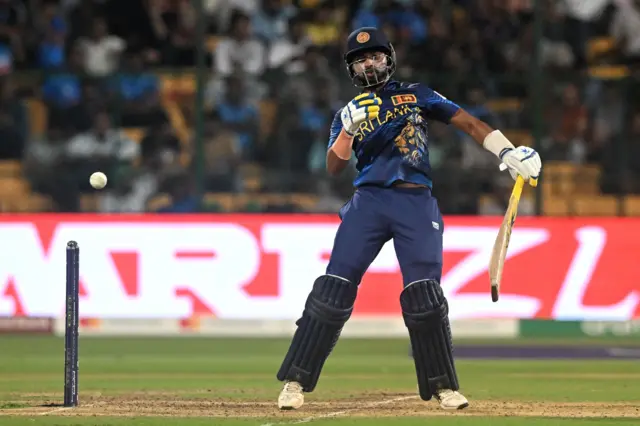 Sri Lanka's Sadeera Samarawickrama tries to play a shot during the 2023 ICC Men's Cricket World Cup one-day international (ODI) match between England and Sri Lanka at the M. Chinnaswamy Stadium in Bengaluru