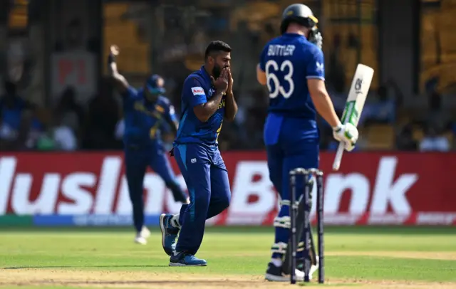 Lahiru Kumara celebrates the wicket of Jos Buttler