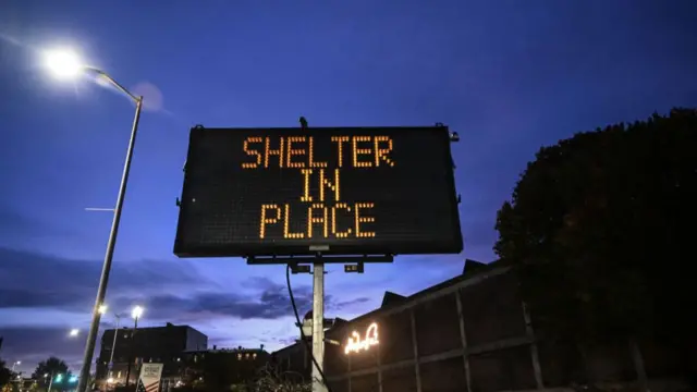 A "shelter in place" sign in Lewiston