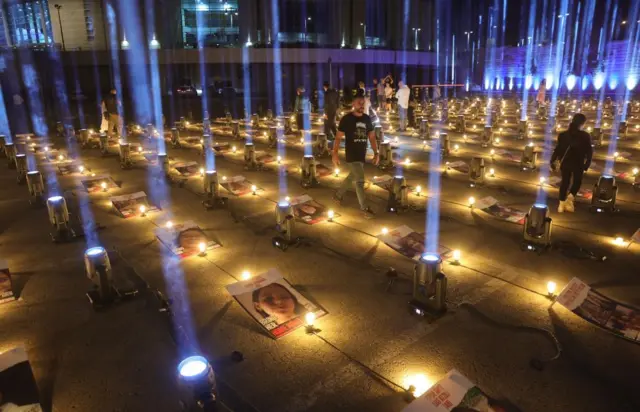 224 light projectors signifying those abducted by Hamas, light the sky near the Arena sports hall in Jerusalem, Israel, 26 October 2023.